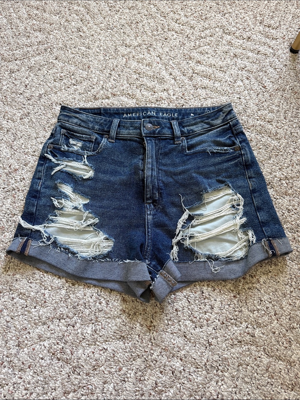 American Eagle Outfitters Distressed Dark Blue Rolled Hem Jean Shorts